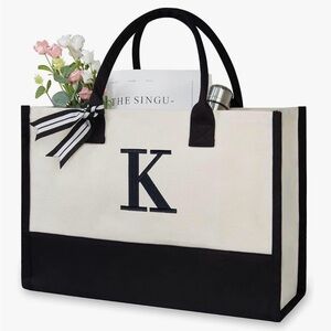 Monogram Canvas Tote Bag in Cream and Black - K Initial